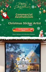 Gold Merry Christmas UV window stickers with festive stars and ornaments on glass