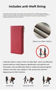 Detail of red leather long wallet featuring RFID blocking silver fiber lining material