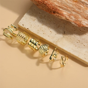 Set of 6 gold plated croissant style adjustable open rings with minimalist design