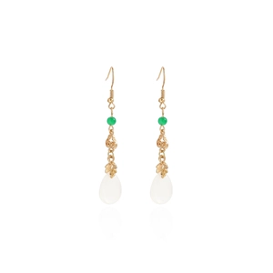 Detail of gold butterfly tassel earrings with green beads and white teardrop pearls