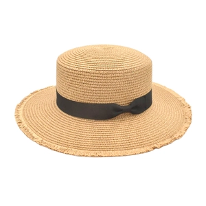 Boater Hat Straw Woven Flat Top Frayed Edge Wide Brim Bow Ribbon Summer Beach Sun Protection Outdoor Travel