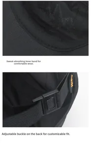 Detail of sweatband and adjustable buckle on black quick-dry outdoor sport hat