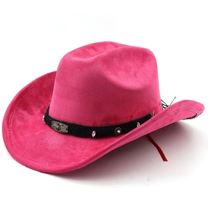Détails du chapeau de cow-boy en suède rose avec des ornements occidentaux en argent