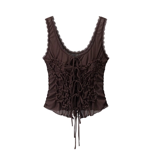 Dark brown mesh bustier top with vintage ruched bow and lace trim on white background