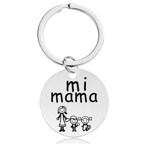 Macro shot of stainless steel keychain with mi mama engraving and mother-child icon