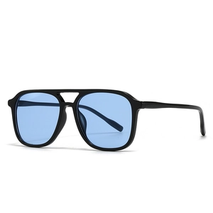 Modern square double-bridge sunglasses with black frame and light blue lenses in 45-degree view