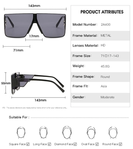 Detailed size specifications for rimless square sunglasses with dimensions and face fit guide