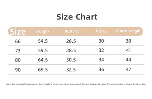Detailed size chart for cotton baby romper showing length and chest measurements