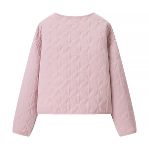 Detailed back view of pink quilted jacket with elegant floral diamond stitching patterns