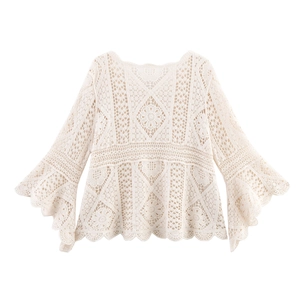 Beige crochet hollow out knit top with bohemian bell sleeves and scalloped hemline