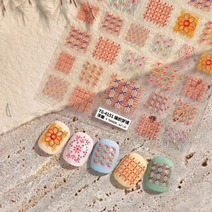 5D Relief Nail Art Stickers Embossed Self Adhesive Woven Pattern Floral Heart Grid Design Korean Ins Style Sweet Manicure Decor
