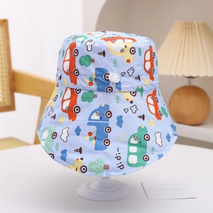 Detail of kids sun hat with colorful cartoon car prints and adjustable chin strap cord