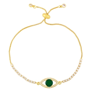 Adjustable gold plated evil eye bracelet with green zircon and box chain for women