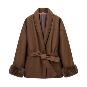 Brown wool coat for women with faux fur cuffs and a waist tie belt design