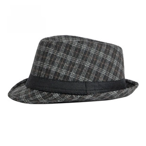 Close-up of British retro plaid wool fedora hat showing gray checkered texture and ribbon