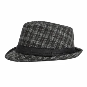 Vintage British style checkered woolen jazz fedora hat with black band