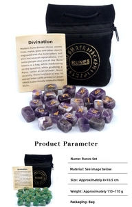 Polished natural crystal rune stones set with black velvet bag and divination guidebook