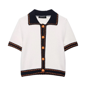 Short sleeve knit cardigan with contrast collar and orange stitching in retro style