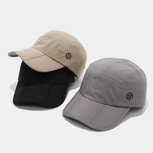 Three foldable quick-dry sports caps in khaki, black, and grey with laser-cut side vents
