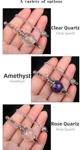 Detailed view of clear quartz, amethyst and rose quartz sphere pendulum pendants