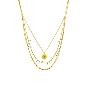 Three-layer gold titanium necklace with sun disc pendant and turquoise beads set