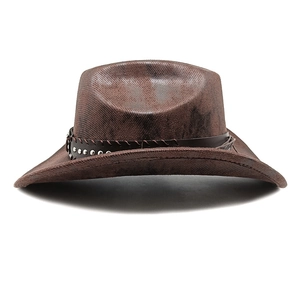 Detail of brown Western cowboy hat with vintage rivets and dark leather band