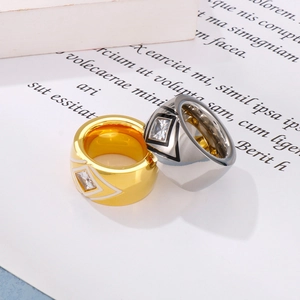 Exaggerated geometric stainless steel rings with square zircon in gold and silver finish