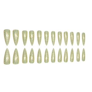 Detailed set of 24 long stiletto fake nails with golden glitter finish on white background