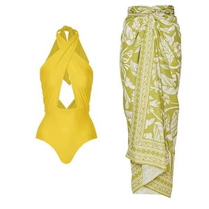 Women Swimsuit And Sarong Halter Criss Cross Neck Cutout Solid Yellow Polyester Vacation Bathing Suit