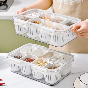 Divided plastic kitchen storage box with removable drainage baskets for fresh food