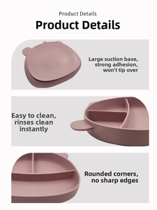 Detail of silicone suction base and three-compartment design for baby training plate