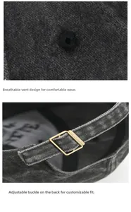 Dettaglio del cappellino in cotone grigio scuro con fibbia in metallo regolabile sul retro