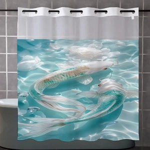 Detail of waterproof shower curtain with elegant white koi fish and lotus water pattern