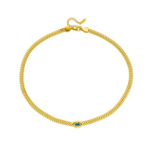 Golden titanium steel chain necklace with hollow blue eye pendant on white background
