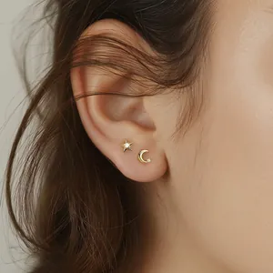 Minimalist 925 sterling silver star and moon stud earrings with sparkling cubic zirconia