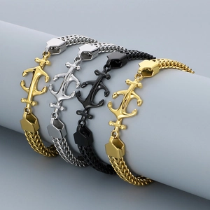 Detail view of double-layer Cuban link anchor bracelets for men in gold, silver, and black