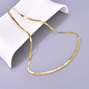 Golden flat herringbone chain necklace with white zircon inlay for women hip hop style