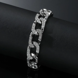 Hip hop silver Cuban link bracelet for men with paved sparkling clear rhinestones