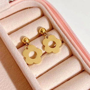 Golden Flower Drop Earrings Stainless Steel Hollow Five Petal Floral Stud For Women Elegant Sweet Korean Style Jewelry