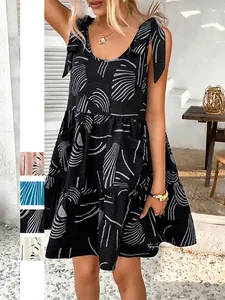 Women Abstract Print Mini Dress Knitted Polyester Tie Shoulder Straps Sleeveless Pockets Tiered Ruffle Casual Vacation
