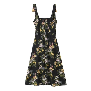 Florales schwarzes Kleid mit gelbem Blumenmuster, Schleifenträgern und Seitenschlitz