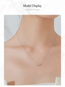 Detail of pink morganite pendant on S925 sterling silver chain shown on model