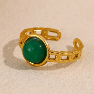 Retro French 18K Gold Plated Stainless Steel Open Ring Women Green Round Gemstone Chain Textured Adjustable Vintage
