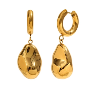 Polished 18K gold plated stainless steel teardrop earrings with irregular fluid lava design