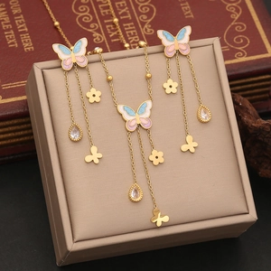 Stainless Steel Butterfly Necklace For Women Colorful Enamel Butterfly Tassel Pendant Jewelry Gold Plated Elegant