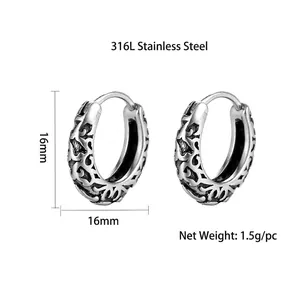 Retro titanium steel hoop earrings with hollow vine pattern and oxidized silver finish