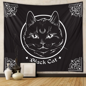 Detailed view of black cat tapestry hanging on wall for minimalist room decor