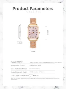 Tableau des tailles avec dimensions du boîtier et détails du bracelet pour montre à quartz