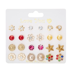 12 pairs of gold-plated stud earrings featuring floral, heart, and star designs with rhinestones