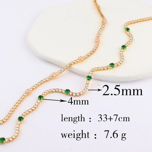 Detail of gold chain necklace with multi-colored 2.5mm and 4mm zircons and size specs